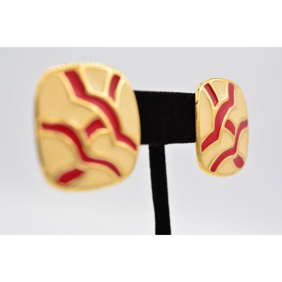 Monet Vintage Earrings Red Off White Cream Enamel Gold Chunky Tone 1970s BinAO - Picture 5 of 12